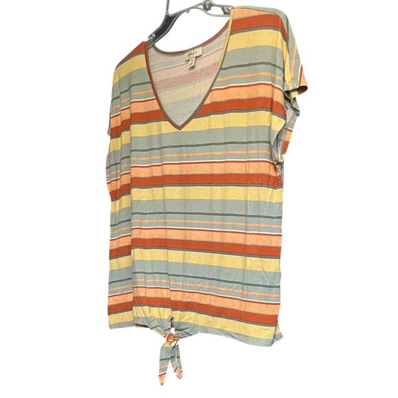 STYLE & CO. CAP SLEEVE PULL-OVER V-NECK BLOUSE, XL, GREEN PEACH ORG YELL STRIPES - Picture 4 of 11